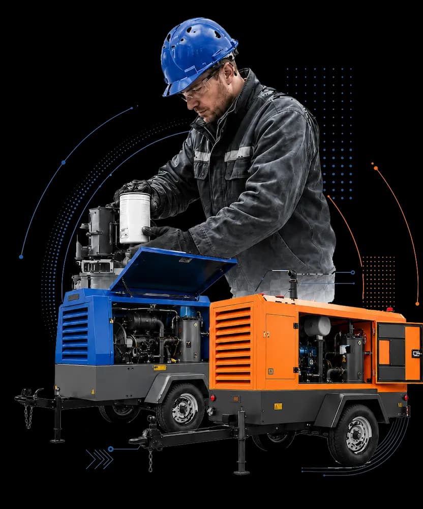Técnico especializado em manutenção de compressores portáteis diesel azul e laranja