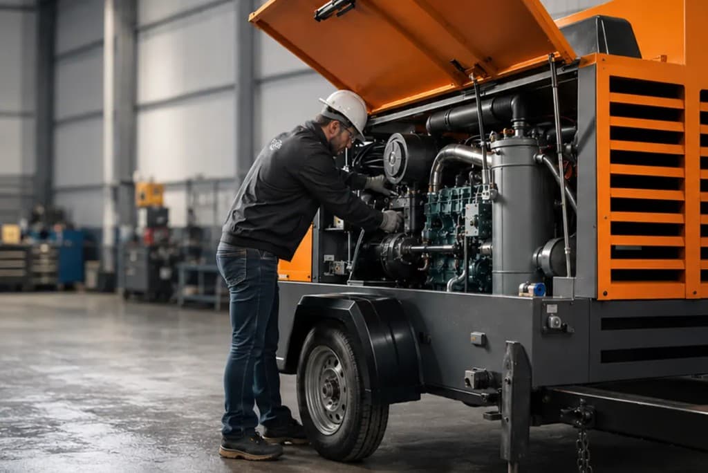 Técnico Focus Compressores inspecionando compressor industrial em armazém