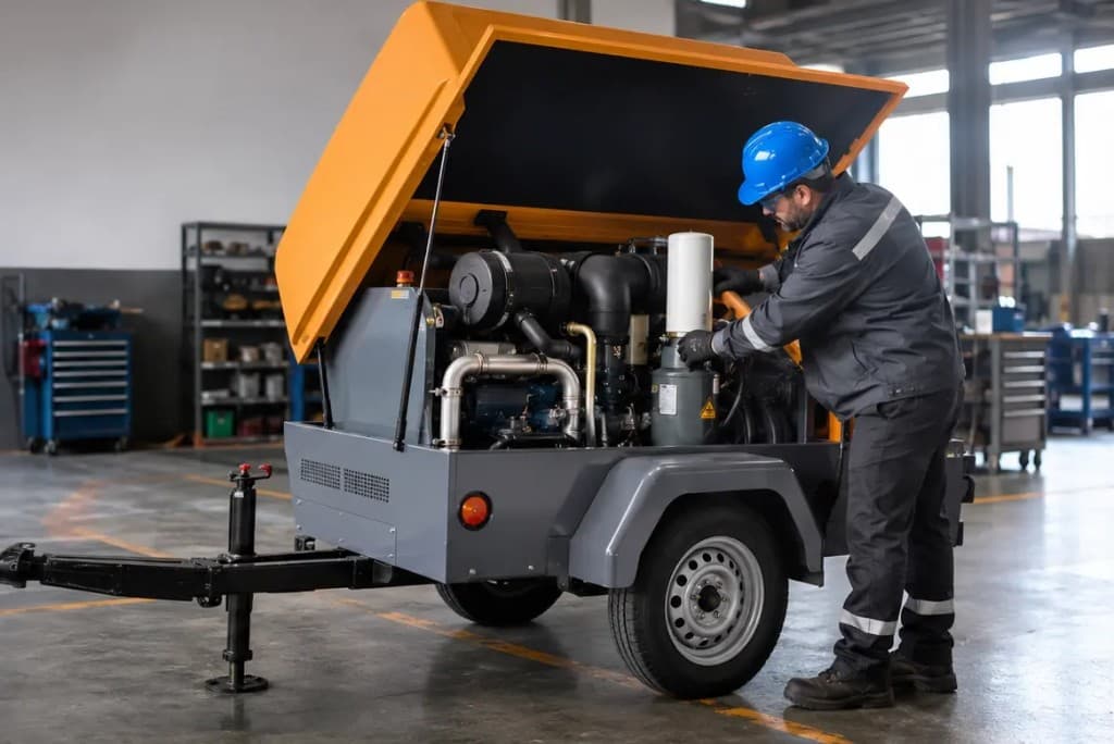 Técnico Focus realizando manutenção em compressores portáteis diesel azul e laranja